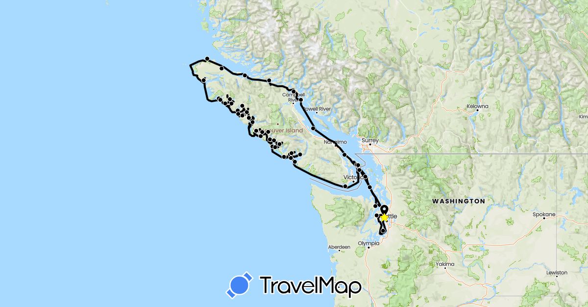 TravelMap itinerary: driving, sailboat in Canada, United States (North America)