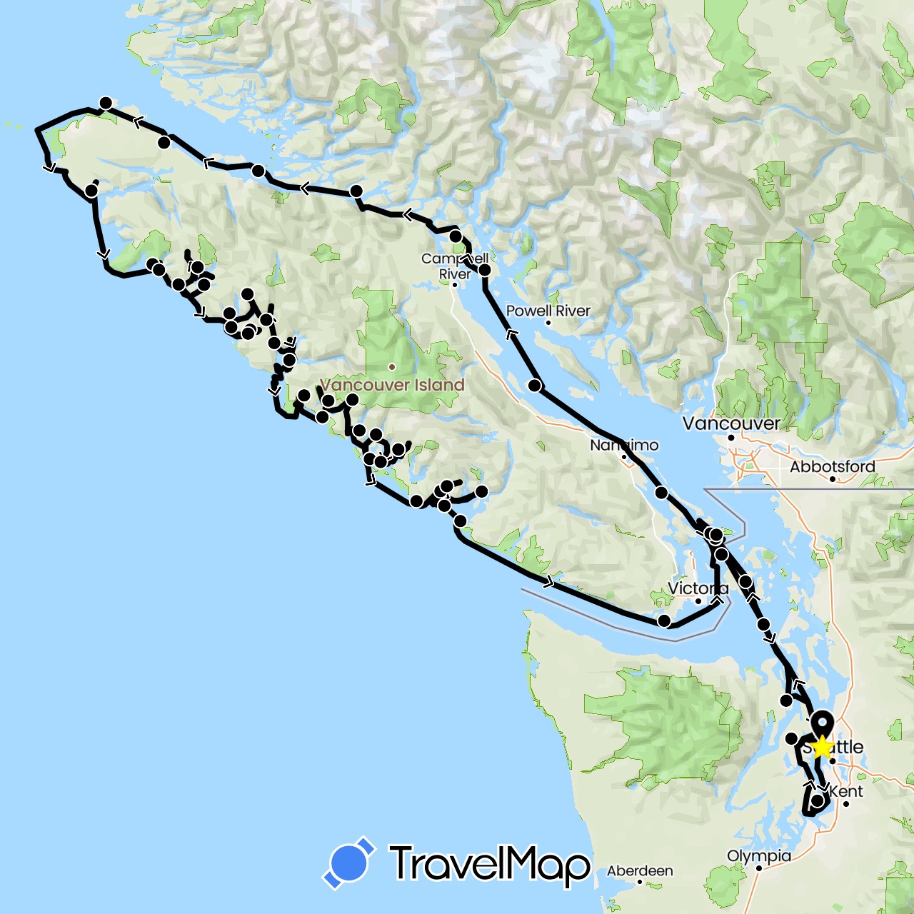 TravelMap itinerary: driving, sailboat in Canada, United States (North America)